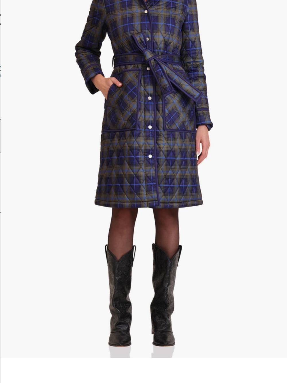 Avec les Filles Quilted Tie Waist Jacket Navy Plaid